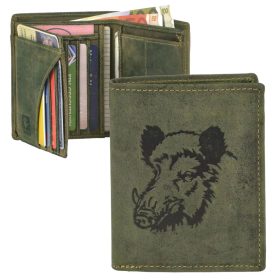    Lovecká kožená peňaženka so vzorom diviaka Greenburry, olivová