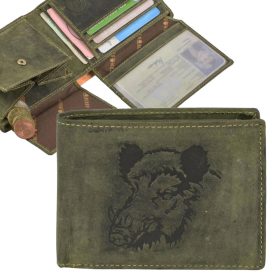    Lovecká kožená peňaženka so vzorom diviaka Greenburry, olivová