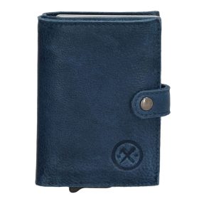    Hide&Stiches tmavomodrá kožená vyskakovacia mini peňaženka, držiak na karty 10×7 cm