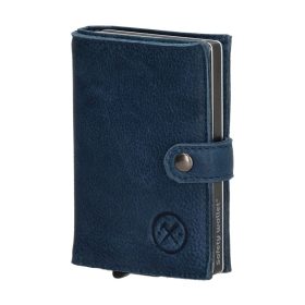    Hide&Stiches tmavomodrá kožená vyskakovacia mini peňaženka, držiak na karty 10×7 cm