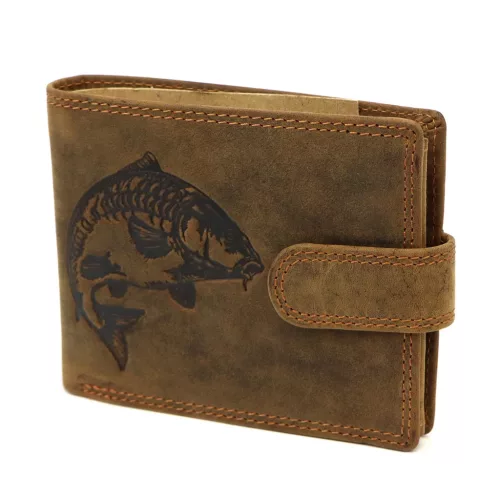  Rybárska kožená peňaženka Nordee L895-FISH hnedá s potlačou kapra