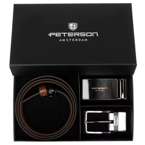  Darčeková sada pánskeho obojstranného koženého opasku Peterson PTN KL-B004-S001 čierno-hnedého 125 cm