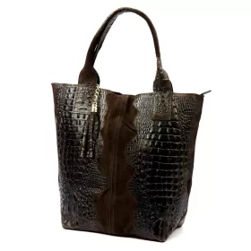    Dámska tmavohnedá kožená kabelka cez rameno s krokodílím vzorom Luka 26-026, shopper, 40 x 36 x 19 cm