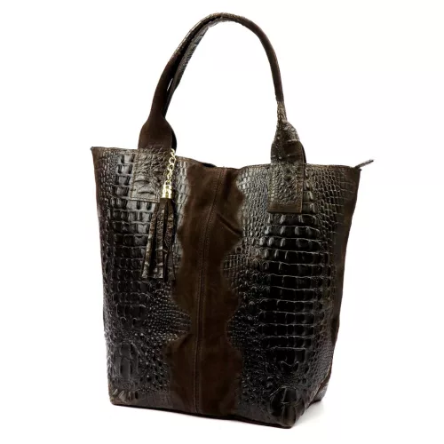  Dámska tmavohnedá kožená kabelka cez rameno s krokodílím vzorom Luka 26-026, shopper, 40 x 36 x 19 cm