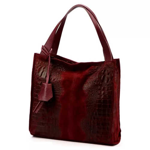 Dámska kabelka cez rameno z bordovej semišovej kože s krokodílím vzorom Luka 26-010 CROCO 34 x 34 x 13 cm