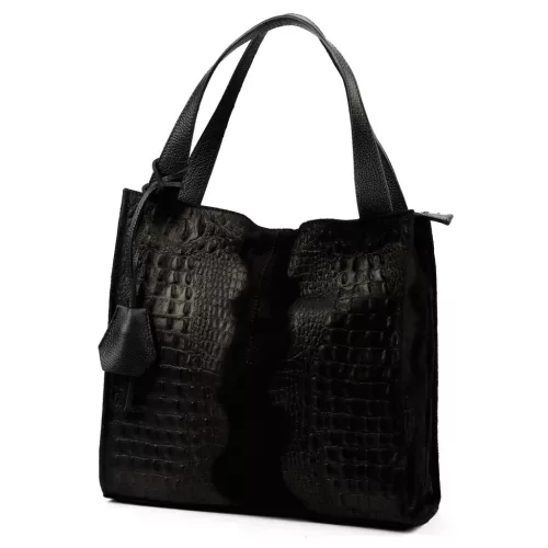  Dámska kabelka cez rameno Luka 26-010 CROCO, čierna, z semišovej kože s krokodílím vzorom, 34 x 34 x 13 cm