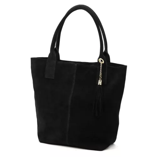  Dámska čierna semišová kožená kabelka cez rameno Luka 26-036, shopper, 40 x 36 x 15 cm