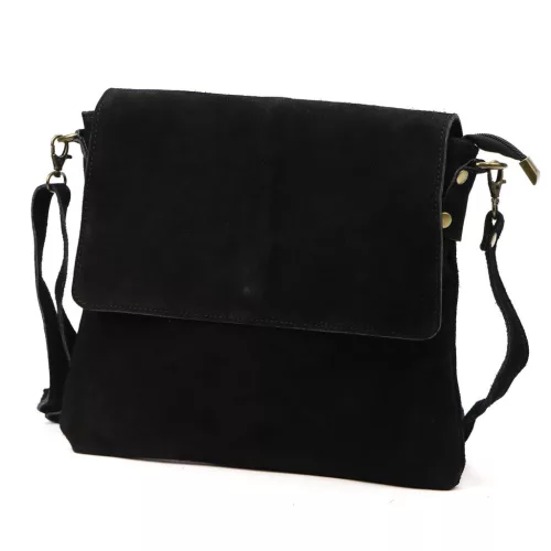  Dámska čierna crossbody kabelka Luka 24-090 D z semišovej kože 30 x 26 x 6 cm