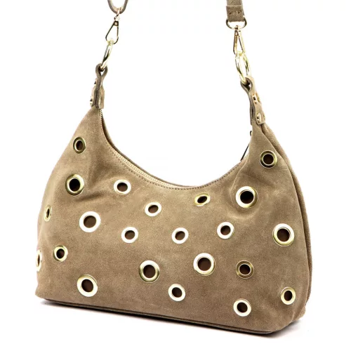  Dámska taupe kabelka cez rameno z semišovej kože Luka 26-052, bočná taupe 35 x 26 x 13 cm