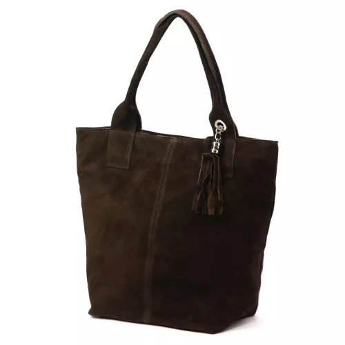  Dámska tmavohnedá semišová kožená kabelka cez rameno Luka 26-026, shopper, 40 x 35 x 18 cm