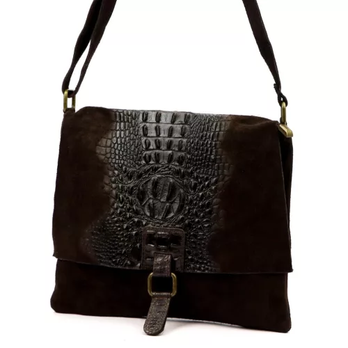  Dámska semišová kožená kabelka Luka 26-076 CROCO tmavohnedá, cez rameno 31 x 26 x 5 cm