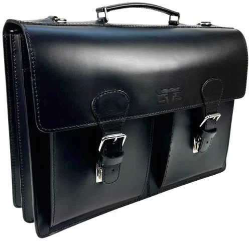  Čierna kožená pánska aktovka s dvoma vreckami a dvojitými priehradkami