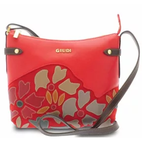    Dámska kožená, červená, obšitá kvetinová kabelka cez rameno Giudi 23 × 26 cm