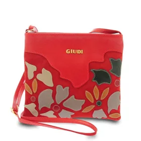    Giudi dámska kožená, červená, našitá kvetinová taška cez rameno 19,5 × 22 cm