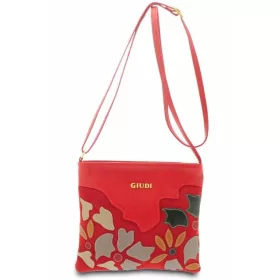    Giudi dámska kožená, červená, našitá kvetinová taška cez rameno 19,5 × 22 cm