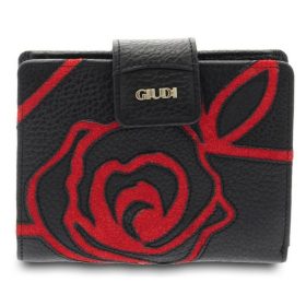    Dámska čierno-červená ručne šitá kožená peňaženka s ružovým vzorom Giudi