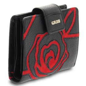    Dámska čierno-červená ručne šitá kožená peňaženka s ružovým vzorom Giudi