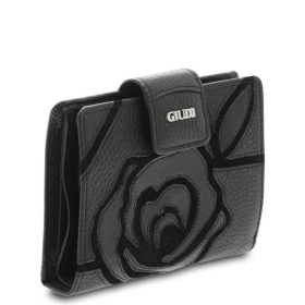    Dámska čierna, ručne šitá, lakovaná peňaženka z ružovej kože Giudi