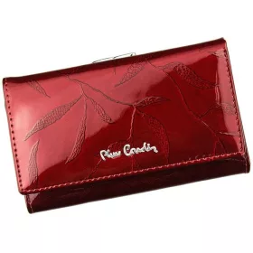    Pierre Cardin dámska lakovaná peňaženka, červená, listový vzor, 14,5 × 8,5 cm