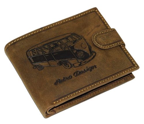  Hnedá kožená peňaženka GreenDeed s retro potlačou autobusu, RFID 12 × 9,3 cm