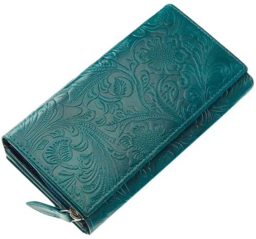  Sylvia Belmonte kvetinový vzor, modrá dámska kožená peňaženka 17,7 x 10 cm