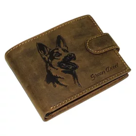   Hnedá kožená peňaženka GreenDeed so vzorom nemeckého ovčiaka, RFID 12 × 9,3 cm