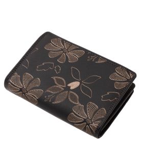    Čierna kožená dámska peňaženka s potlačou kvetov Sylvia Belmonte