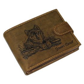    Hnedá kožená peňaženka GreenDeed s potlačou vlka, RFID 12 × 9,3 cm