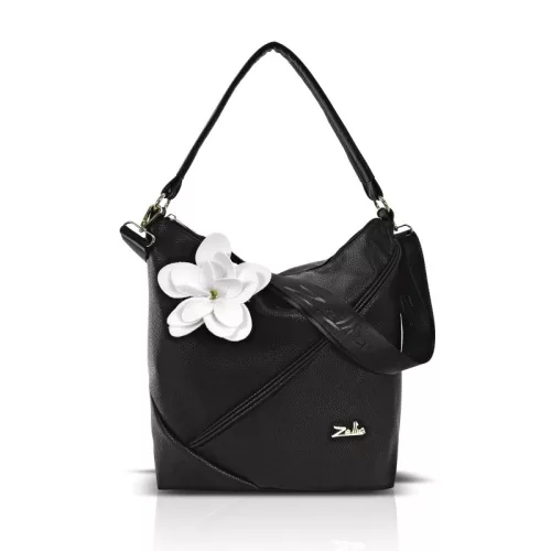 Zellia Zlb332-F női fekete-fehér válltáska, oldalpánttal virágdísszel 30 x 25 x 12,5 cm