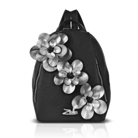   Zellia 24147F fekete-ezüst női hátitáska, hátizsák virágdísszel 32 x 29 x 13 cm