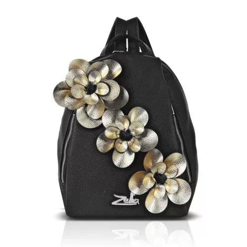 Zellia 24147F fekete-arany női hátitáska, hátizsák virágdísszel 32 x 29 x 13 cm